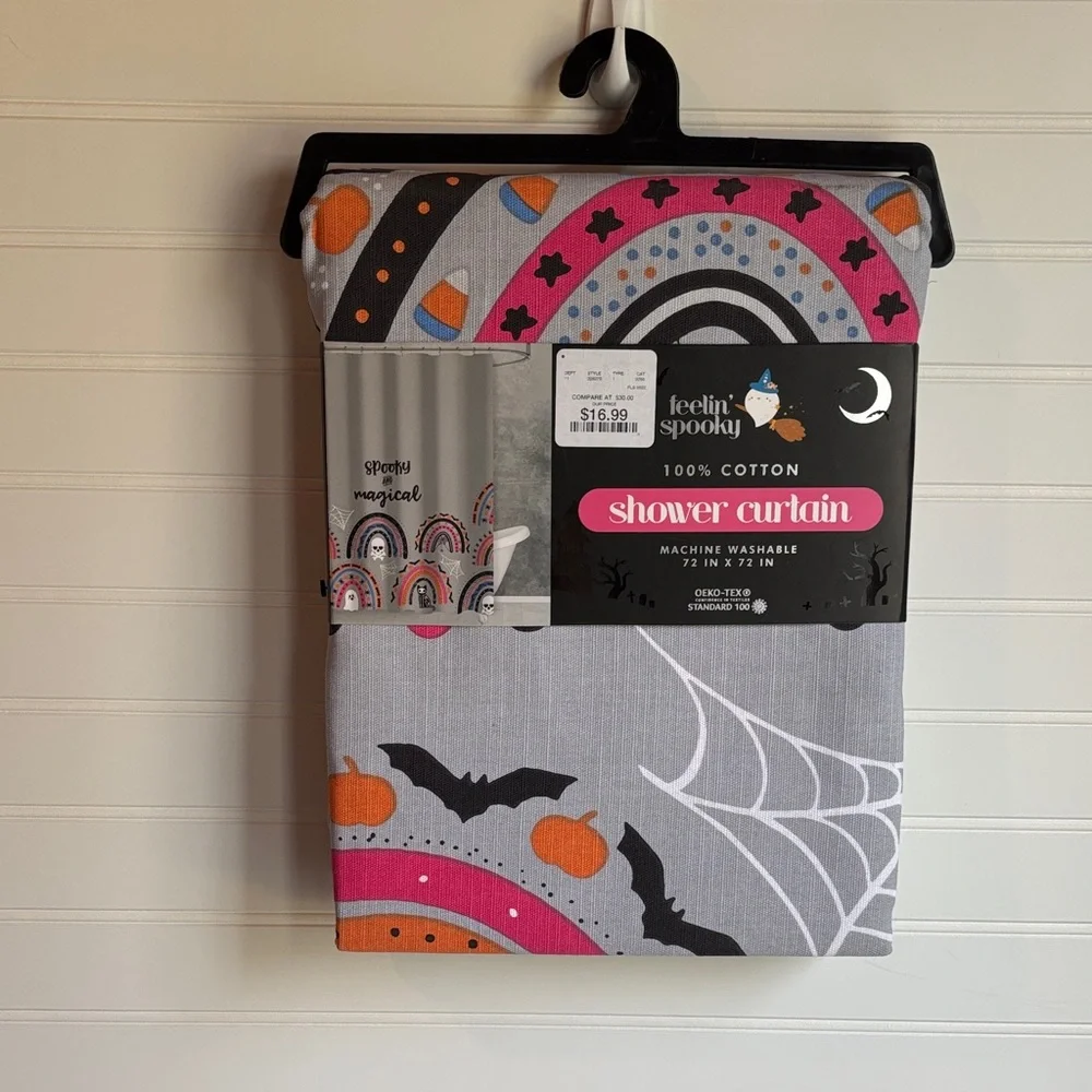 Feelin' Spooky Halloween Cotton Shower Curtain - Gray Pink Orange
